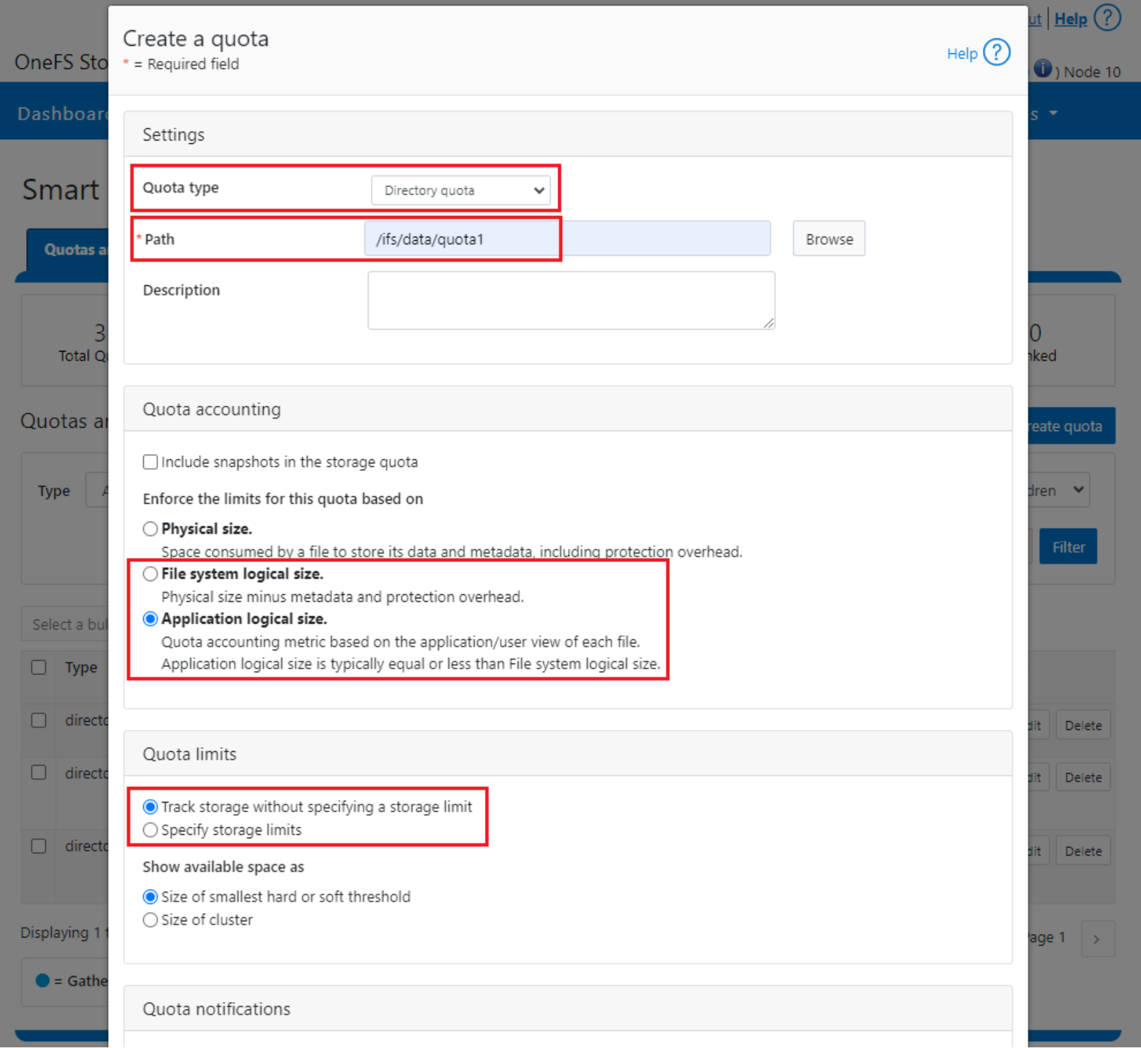 OneFS WebUI SmartQuotas Directory Quota Configuration screenshot.