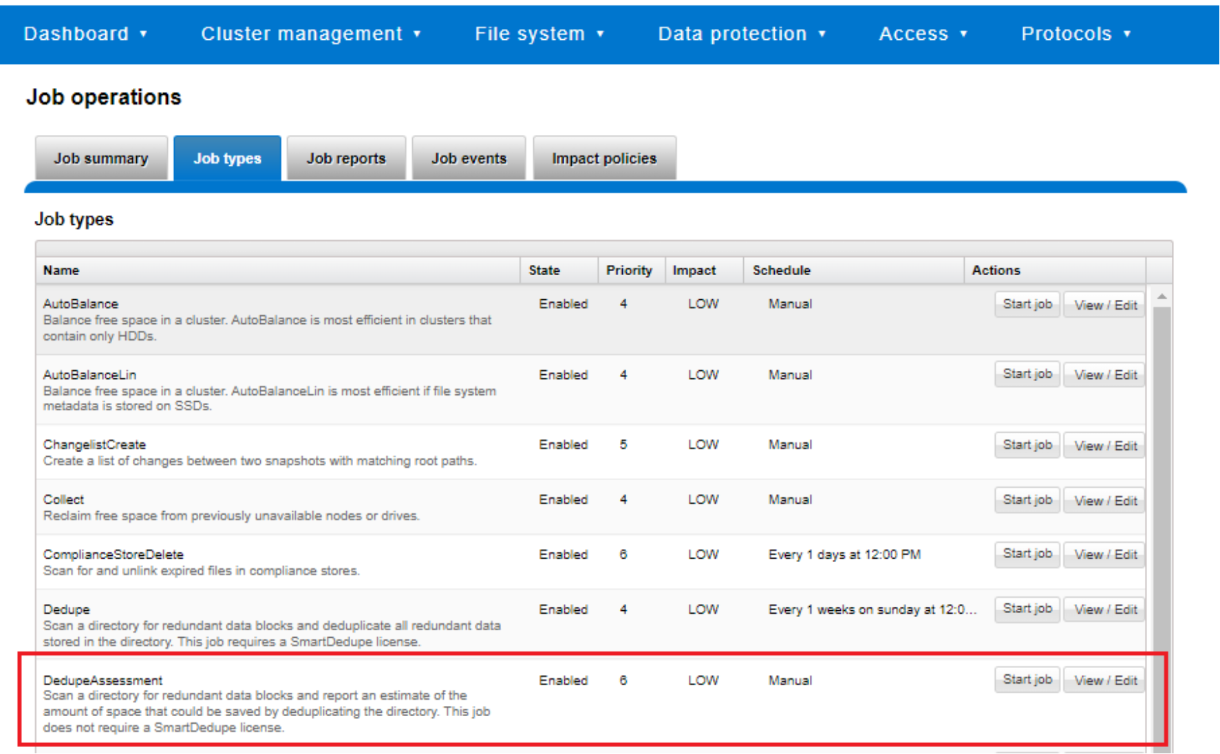 Screenshot showing deduplication assessment job control through the OneFS WebUI.