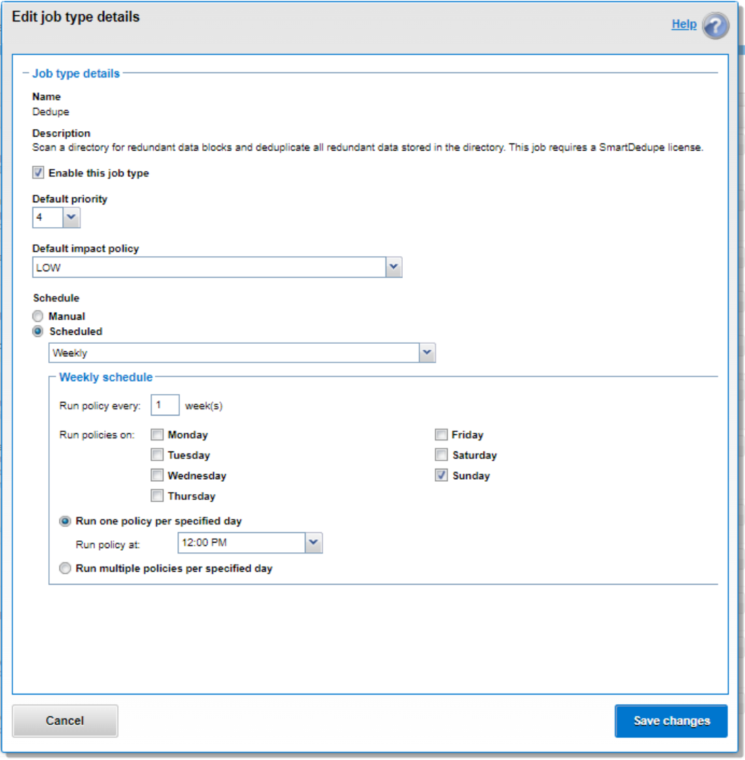 Screenshot showing SmartDedupe job configuration and scheduling through the OneFS WebUI.