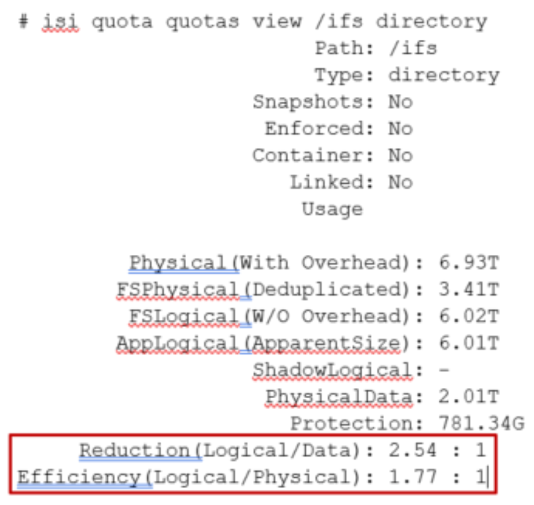 Example output from the ‘isi quota quotas view’ CLI command.