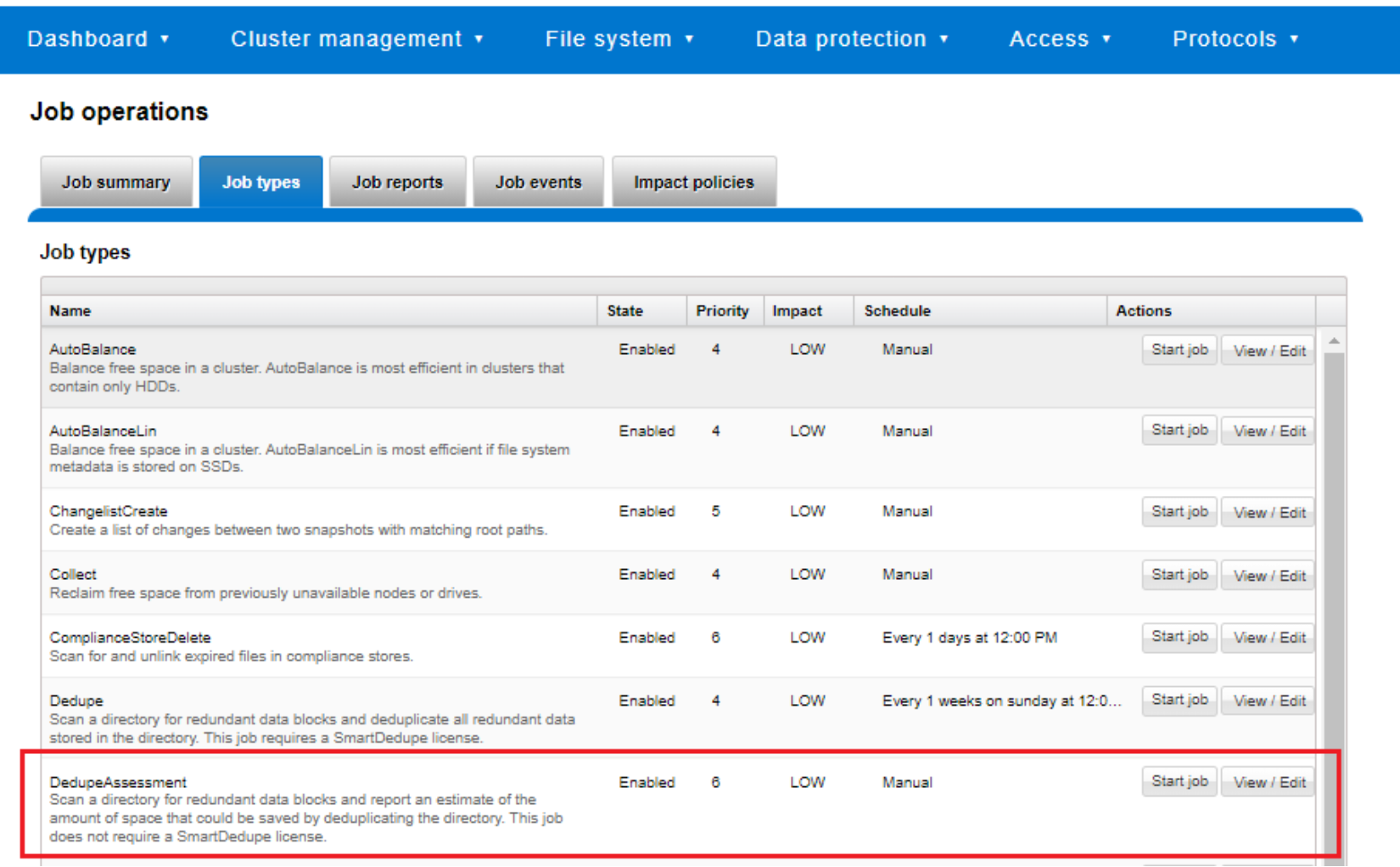 Screenshot showing deduplication assessment job control through the OneFS WebUI.