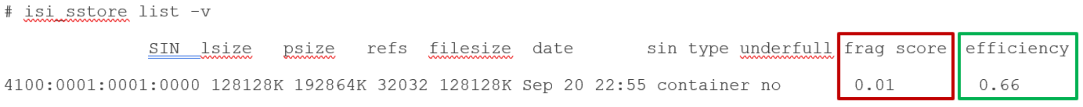 Example output from the ‘isi_sstore list’ CLI command, showing an efficiency value and a fragmentation score.