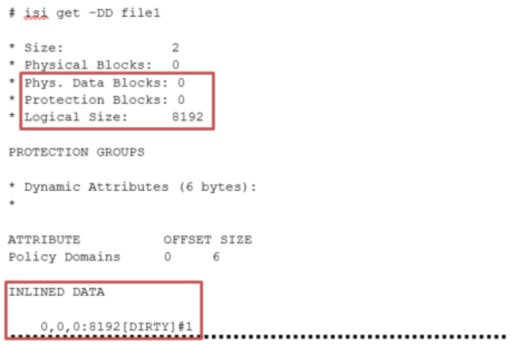 Example output from the ‘isi get’ CLI command, showing logical size and inlined data layout.