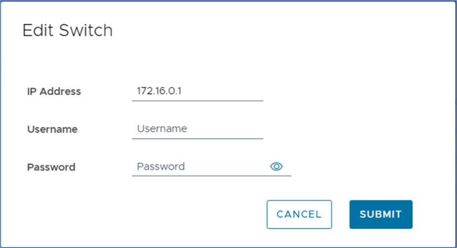 This image shows editing a particular out of band management switch such as its IP address, username, and password credentials