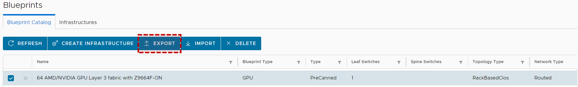 This image shows using the "Export" button to export the backend GPU fabric as an excel spreadsheet to be modified