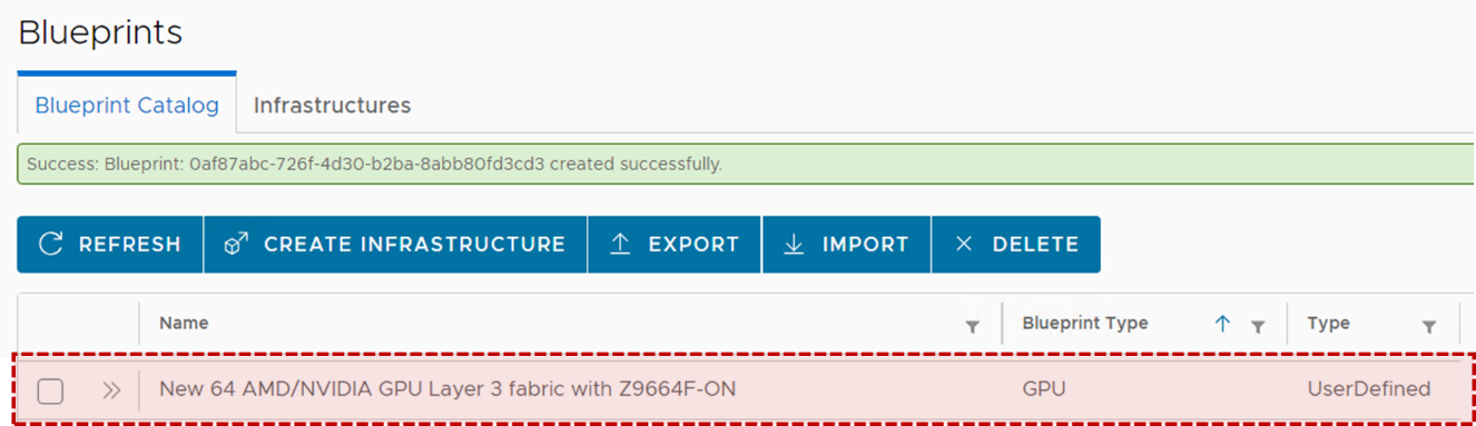 This image shows the successful import of the new modified backend GPU blueprint