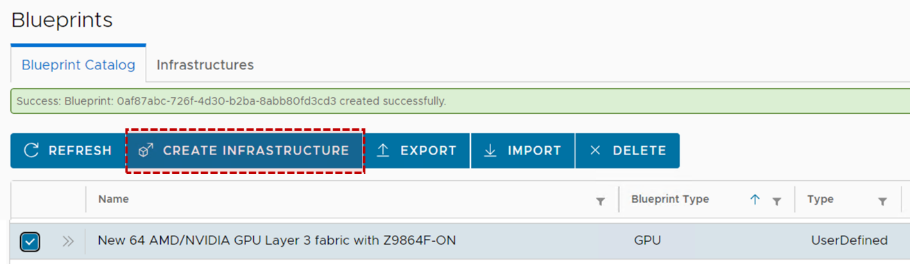 This image shows selecting the "Create Infrastructure" of the new backend GPU fabric to be validated and deployed