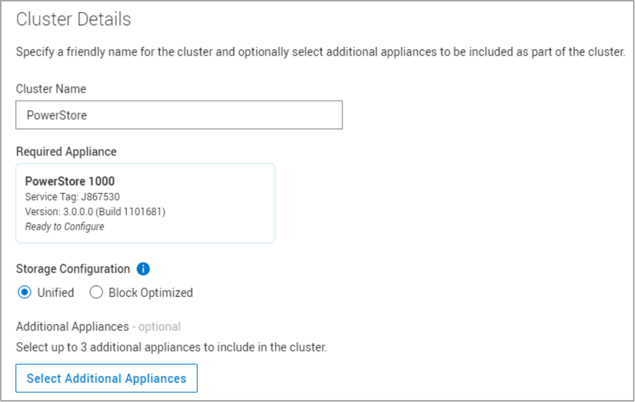 This figure shows an example of a PowerStore appliance with unified mode selected in the initial configuration wizard.