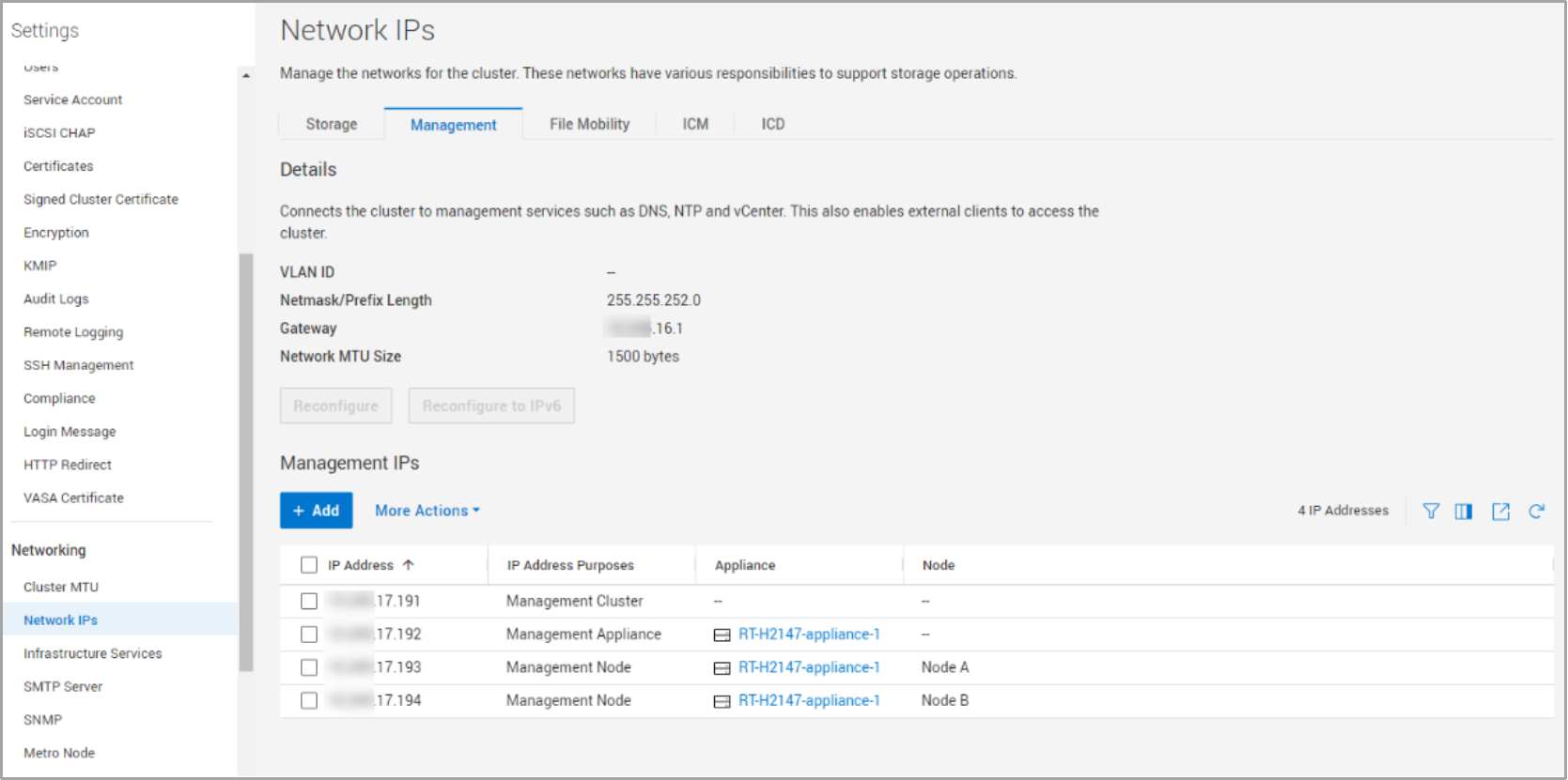 This figure shows the Network IPs page of PowerStore Manager located in settings > network IPs. 