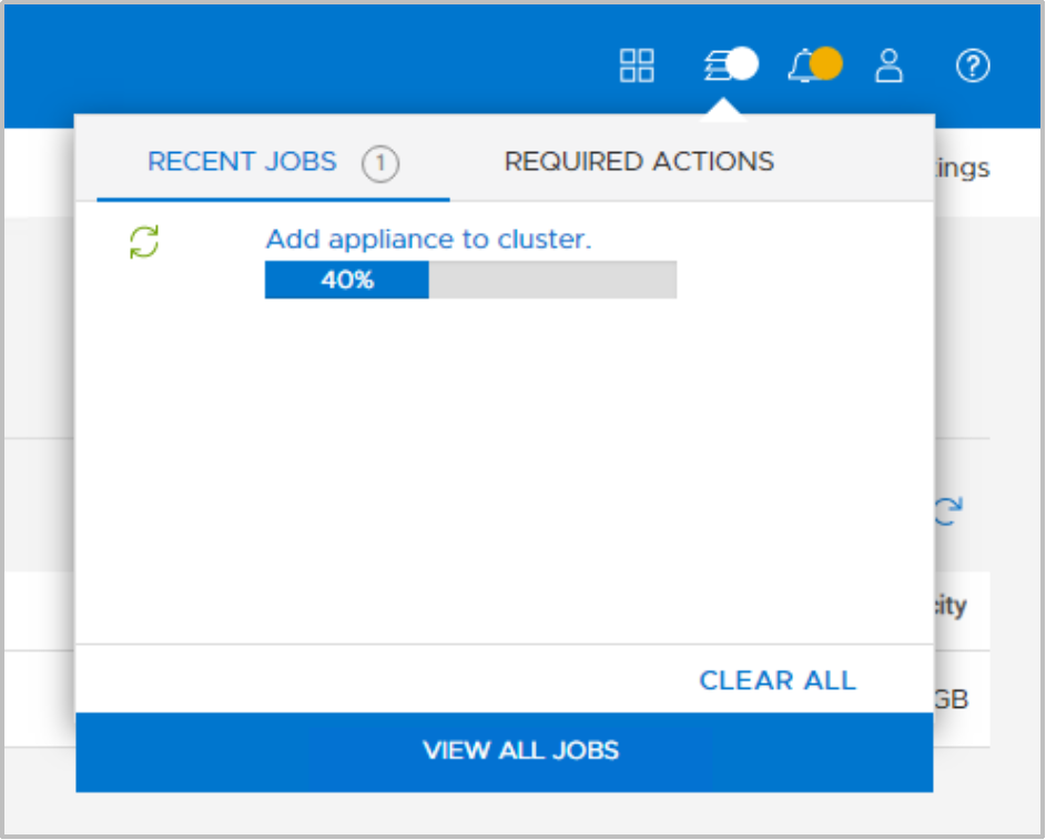 This figure shows the add appliance job running from the jobs icon in the top-right area of PowerStore Manager. 
