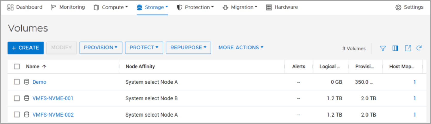 This figure shows the Node Affinity column for volumes in PowerStore Manager. 