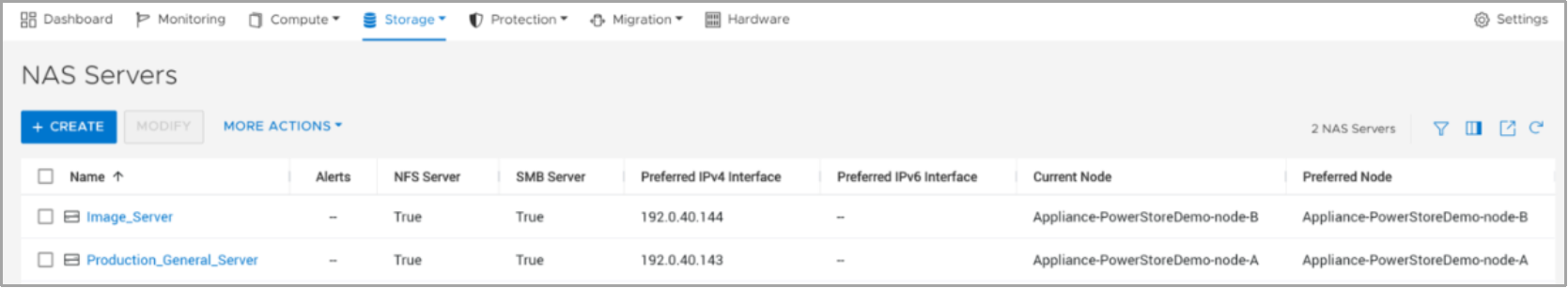 This figure shows the current and preferred node columns in PowerStore Manager for NAS Servers. 
