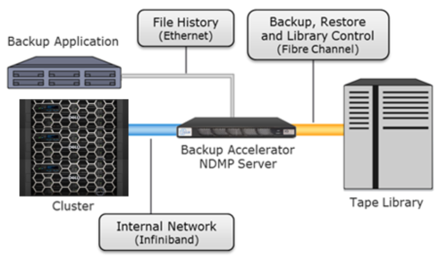 Graphic illustrating two-way NDMP cluster backup using a backup accelerator node attached to the FC fabric.