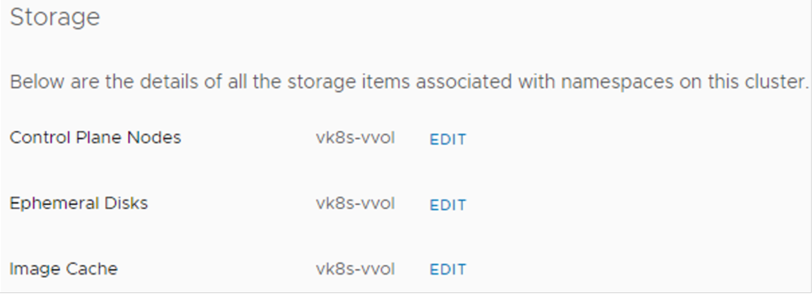 Storage selection for Control Plane Nodes, Ephemeral Disks, and Image Cache.