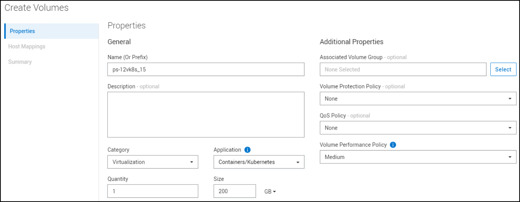 PowerStore Manager Create Volumes Properties workflow.