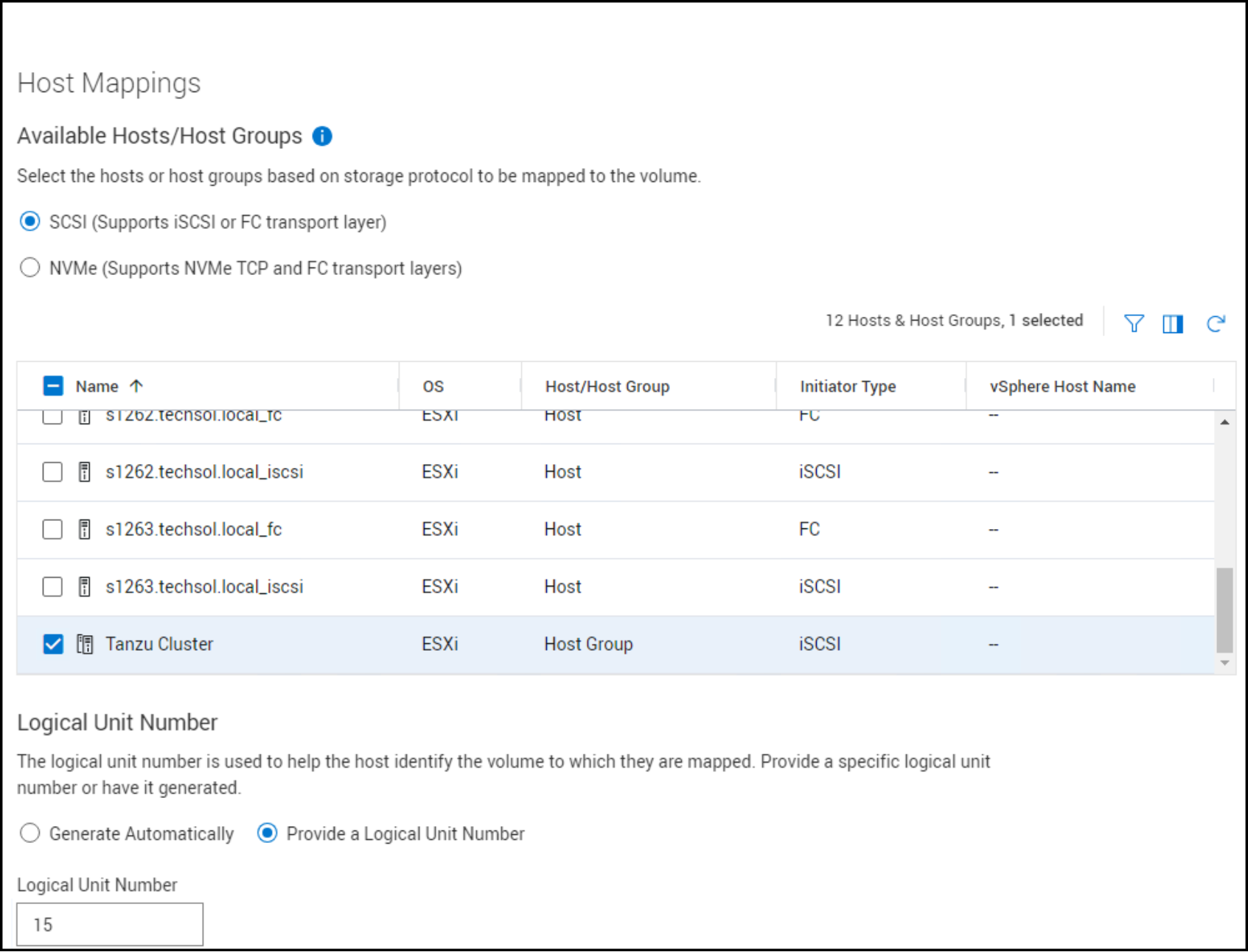 PowerStore Manager Create Volumes Host Mappings workflow.