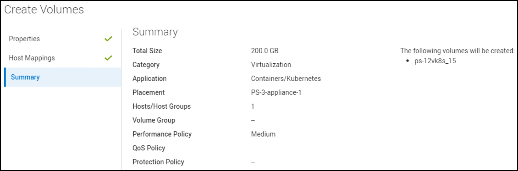 PowerStore Manager Create Volumes workflow summary.