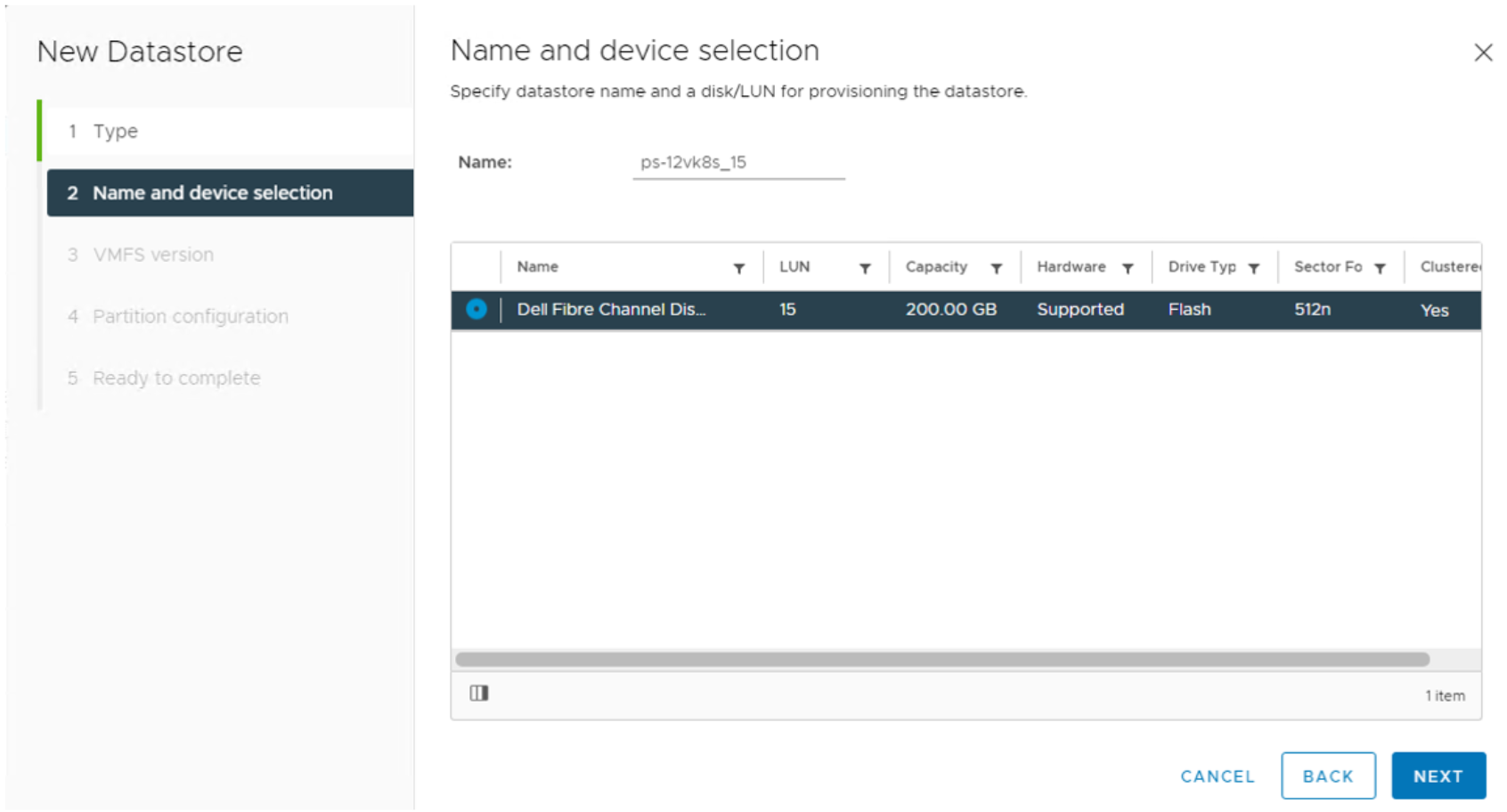 vSphere Client New Datastore workflow.