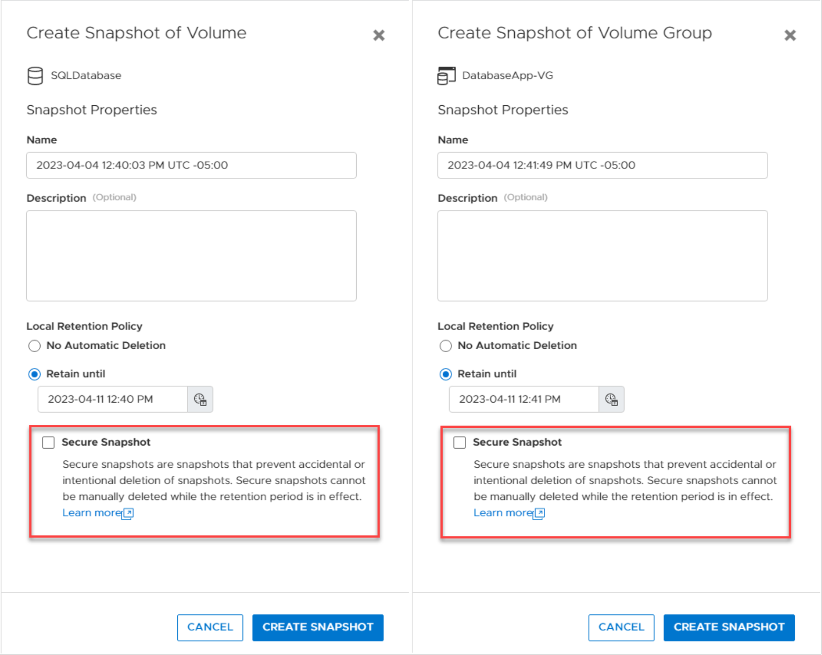 PowerStore Manager Create Snapshot of Volume workflow with available option of Secure Snapshot.