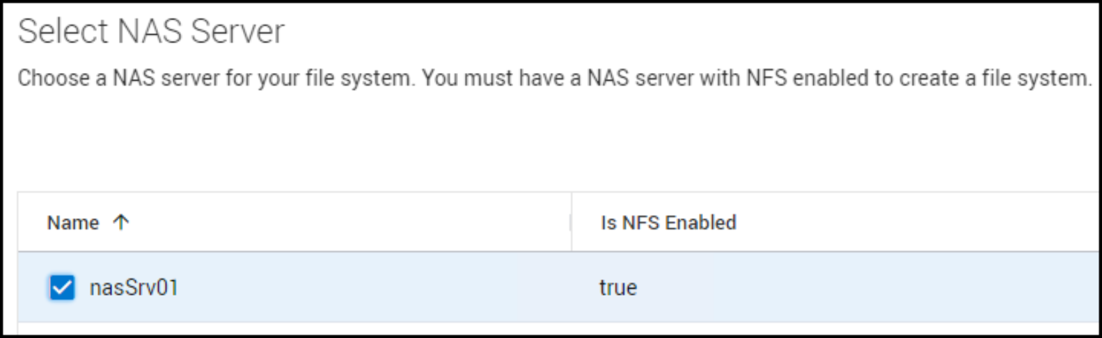 PowerStore Manager Create File System Select NAS Server workflow.