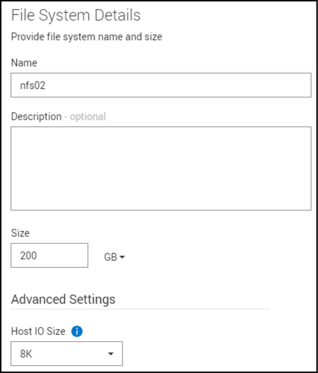 PowerStore Manager Create File System File System Details workflow.