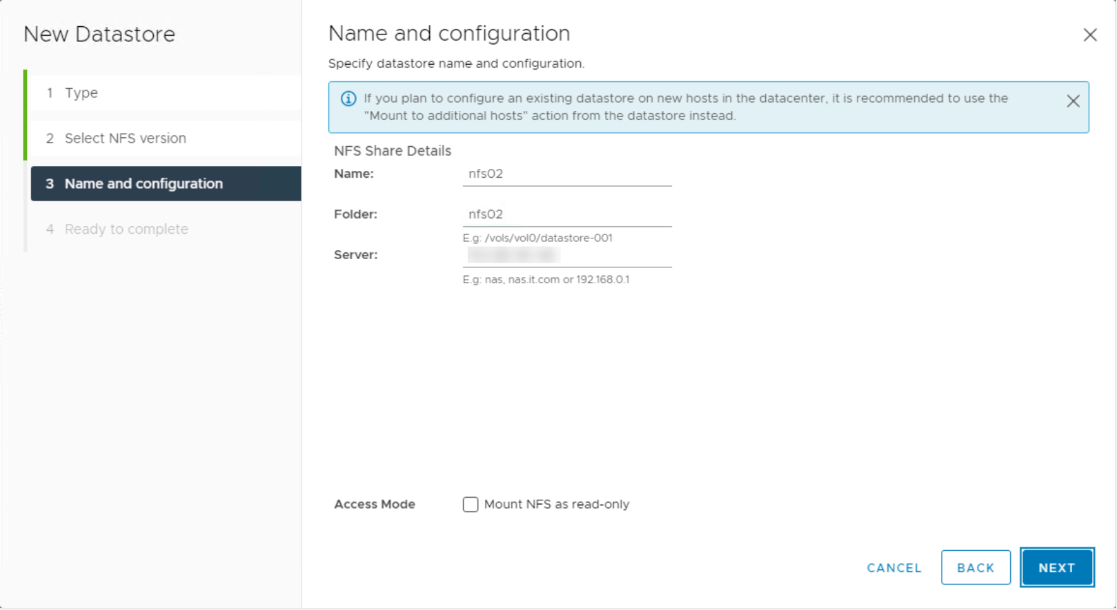 vSphere Client New Datastore workflow.