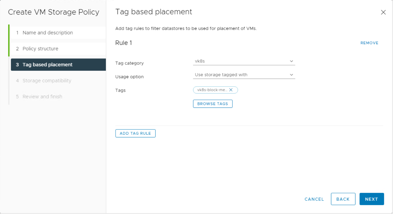 vSphere Client create VM Storage Policy workflow. Tag based placement vk8s tag category selected.