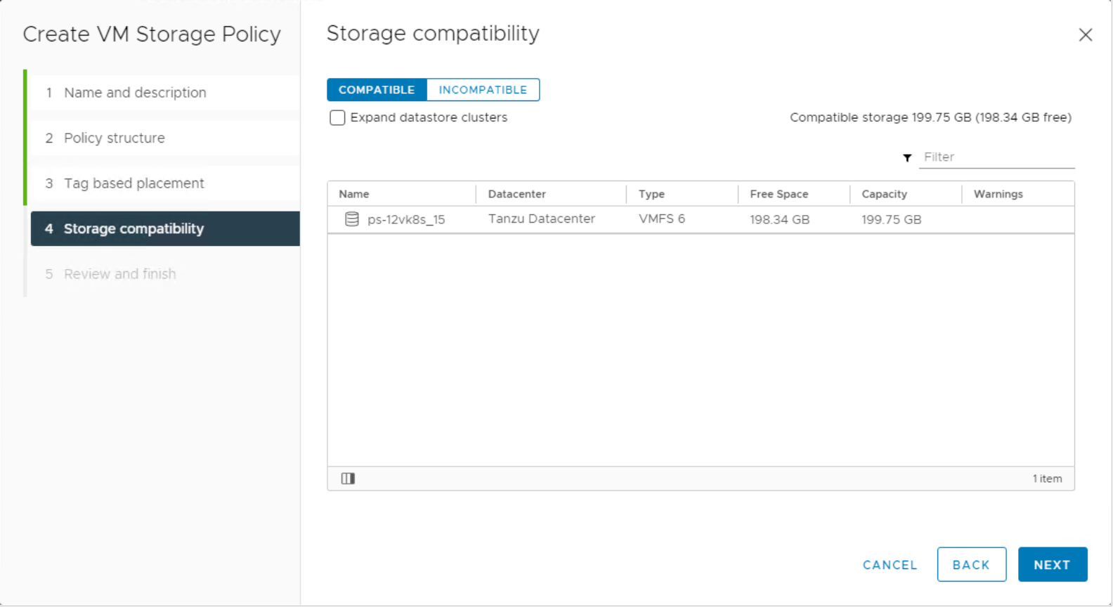 vSphere Client create VM Storage Policy workflow. Storage compatibility shows ps-12vk8s_15 datastore is compatible.