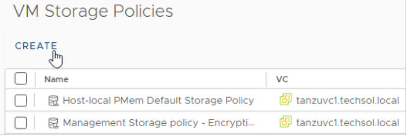vSphere Client create VM Storage Policies workflow.