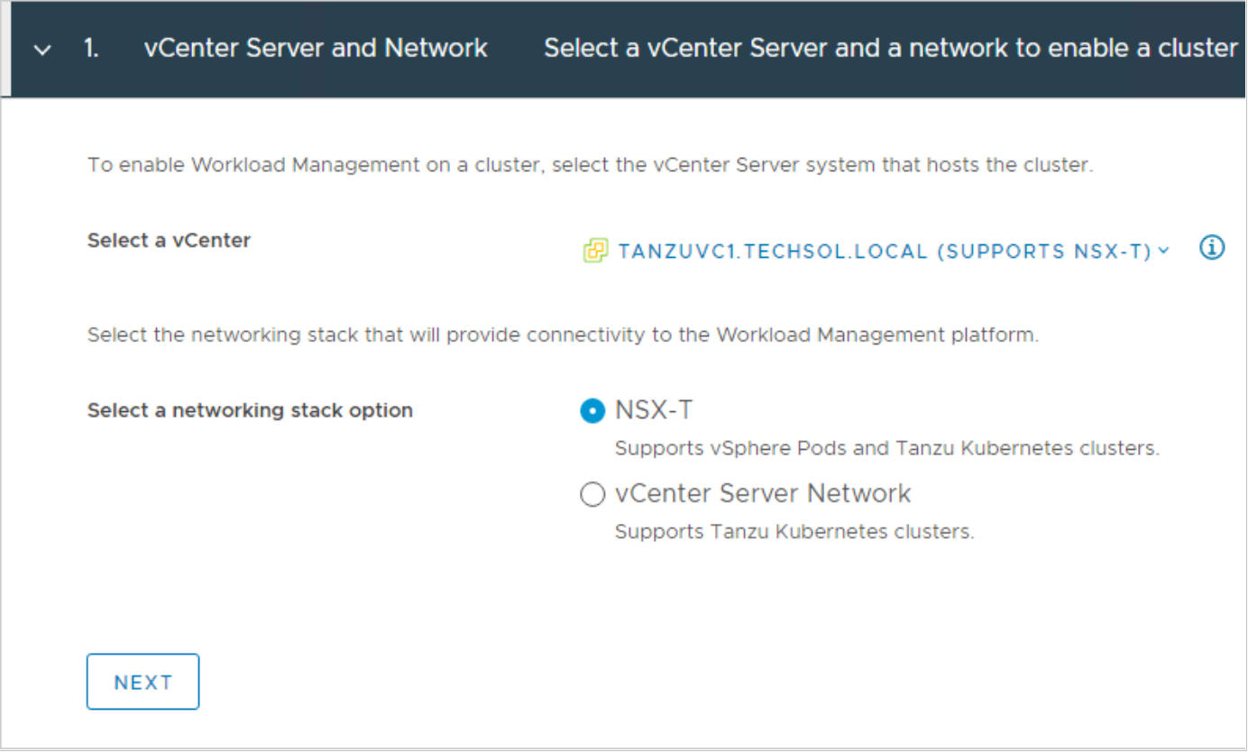 vSphere Client Workload Management configuring vCenter Server and Network