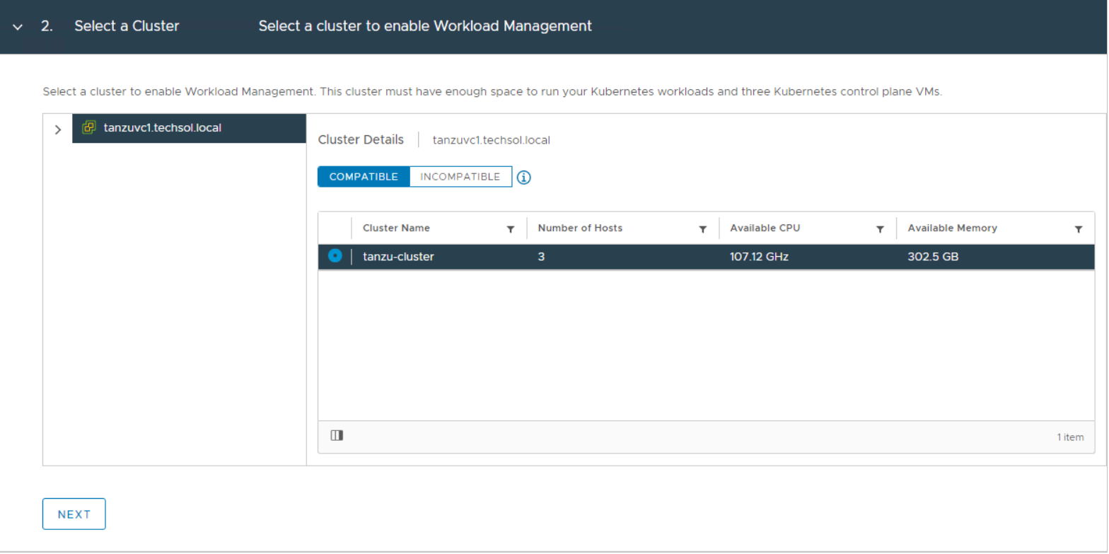 vSphere Client Workload Management Select a Cluster