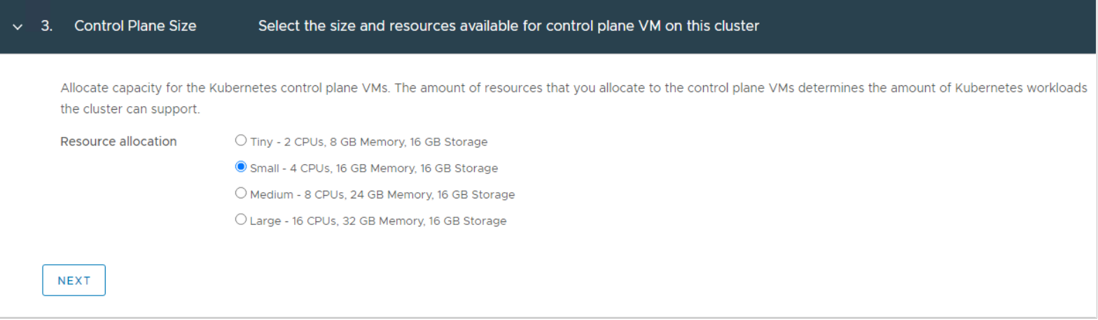 vSphere Client Workload Management selecting a control plane size