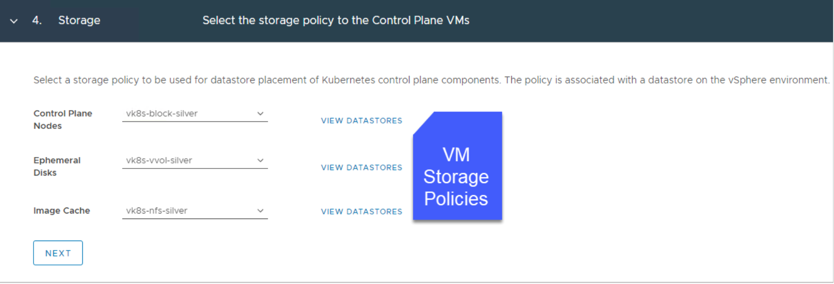 vSphere Client viewing the storage policies in use for control plane VMs