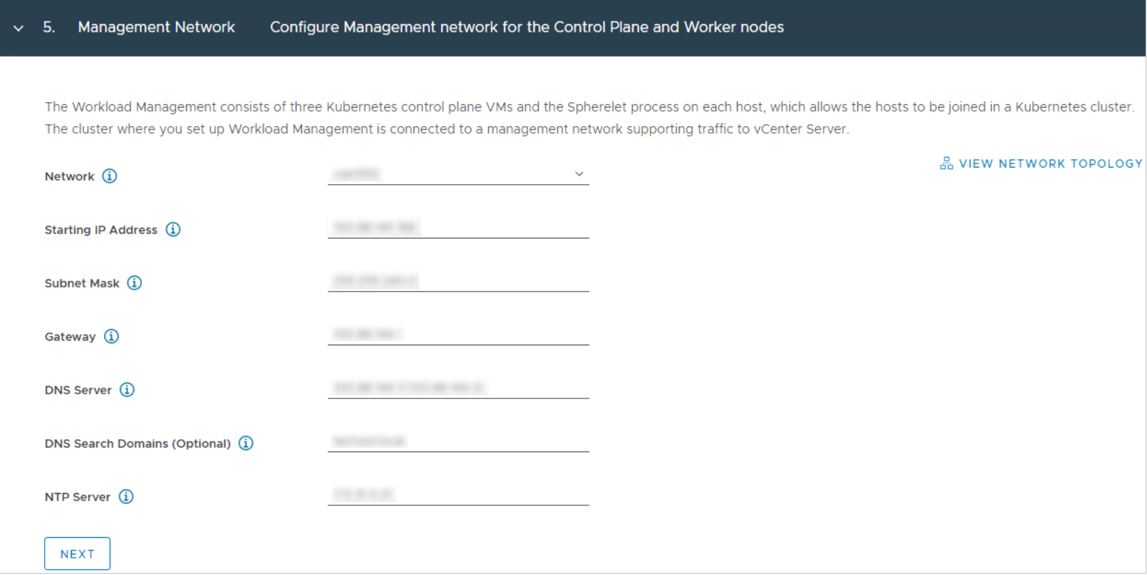 vSphere Client Workload Management configuring Management Network