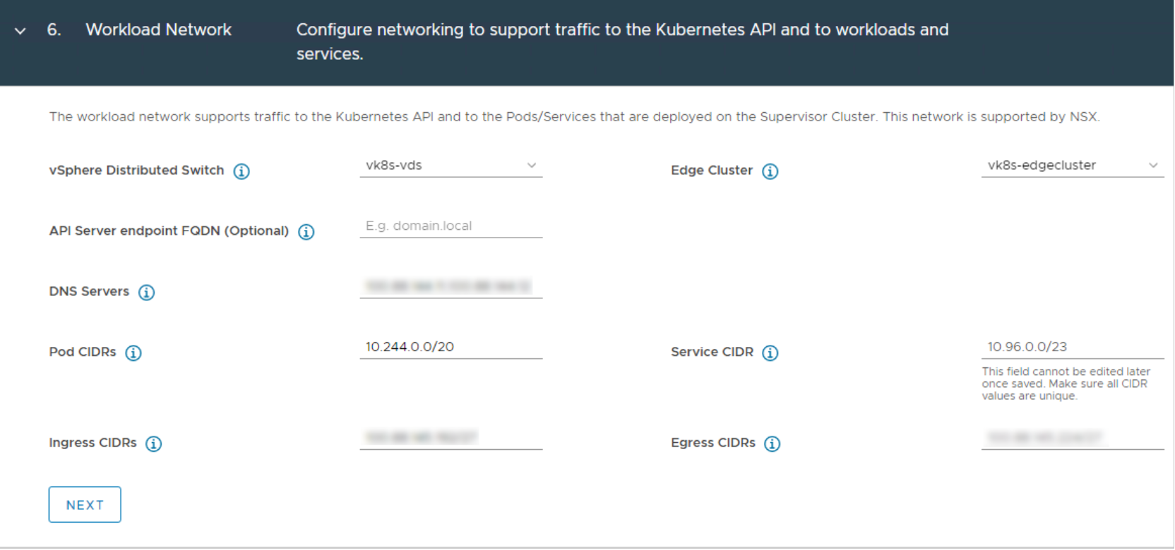 vSphere Client Workload Management configuring Workload Network