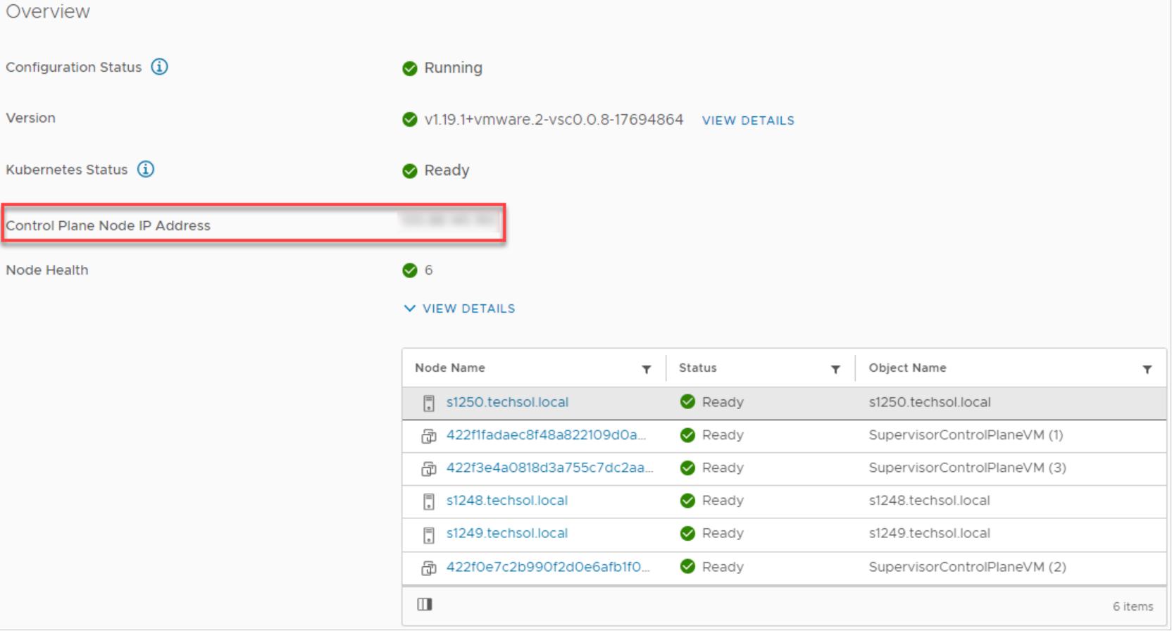 vSphere Client viewing Tanzu Supervisor Cluster Overview and Control Plane Node IP Address