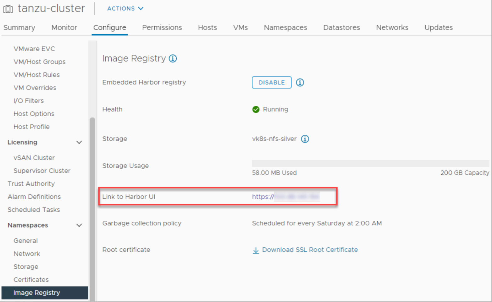 vSphere Client viewing the Harbor Image Registry status page