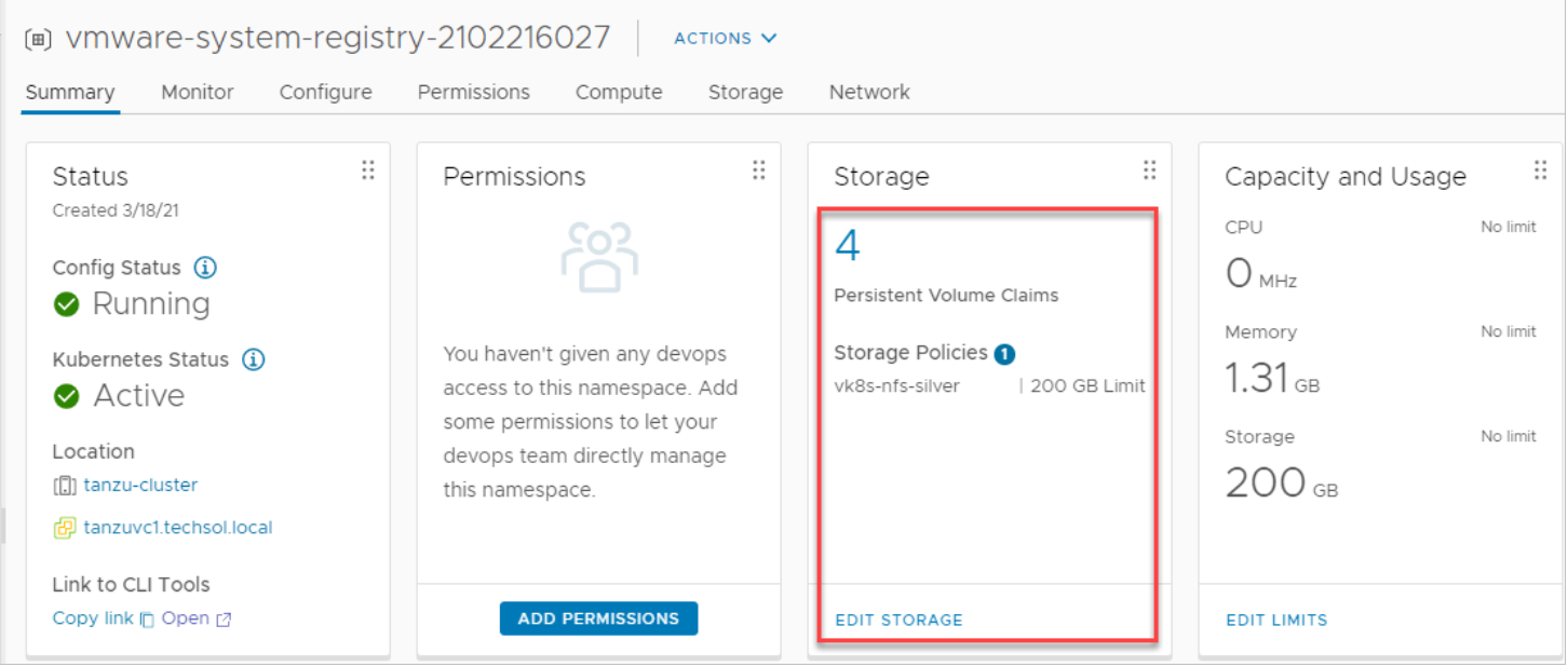 vSphere Client viewing the summary page of the harbor application's namespace indicating four persistent volume claims