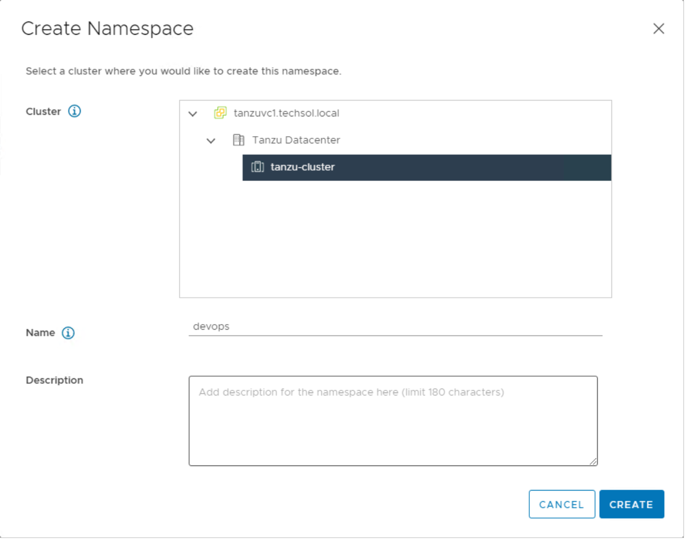 vSphere Client providing a DNS-compliant namespace name while choosing a cluster