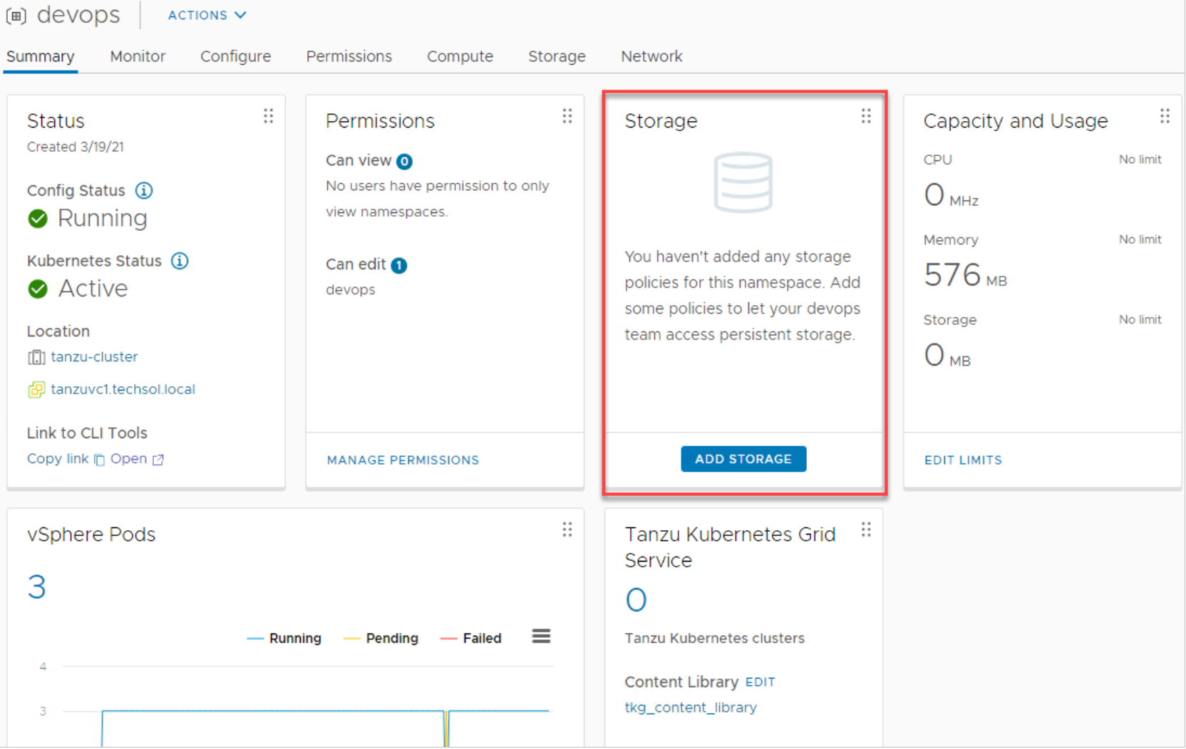 vSphere Client devops namespace showing no storage assignment