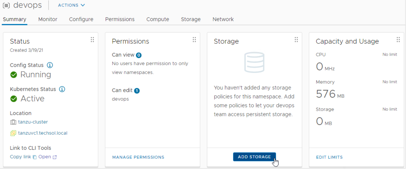 vSphere Client devops namespace choosing Add Storage