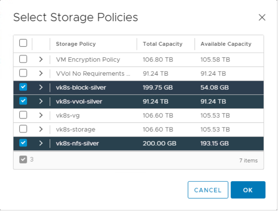 vSphere Client selecting storage policies to use for the devops namespace