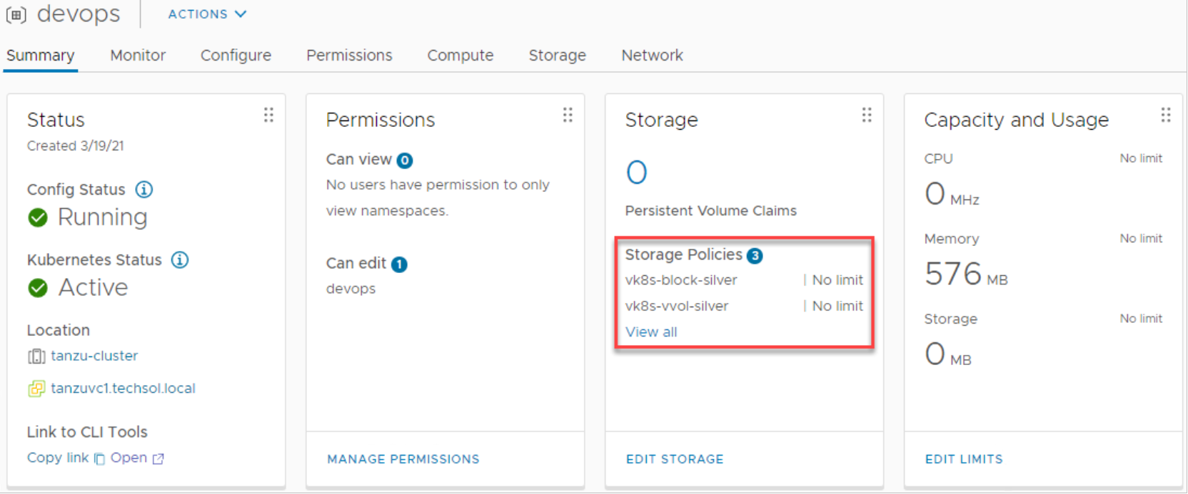 vSphere Client devops namespace showing assigned storage policies