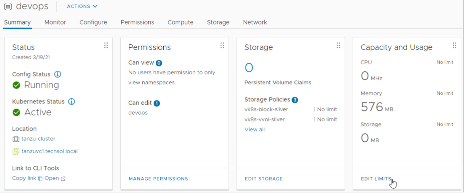 vSphere Client devops namespace editing capacity and usage limits