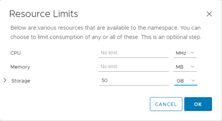 vSphere Client devops namespace editing limits for CPU, Memory, and Storage