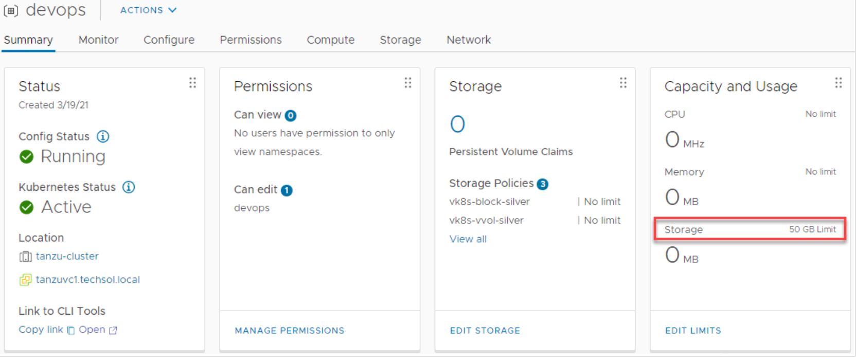 vSphere Client devops namespace showing updated capacity and usage limits