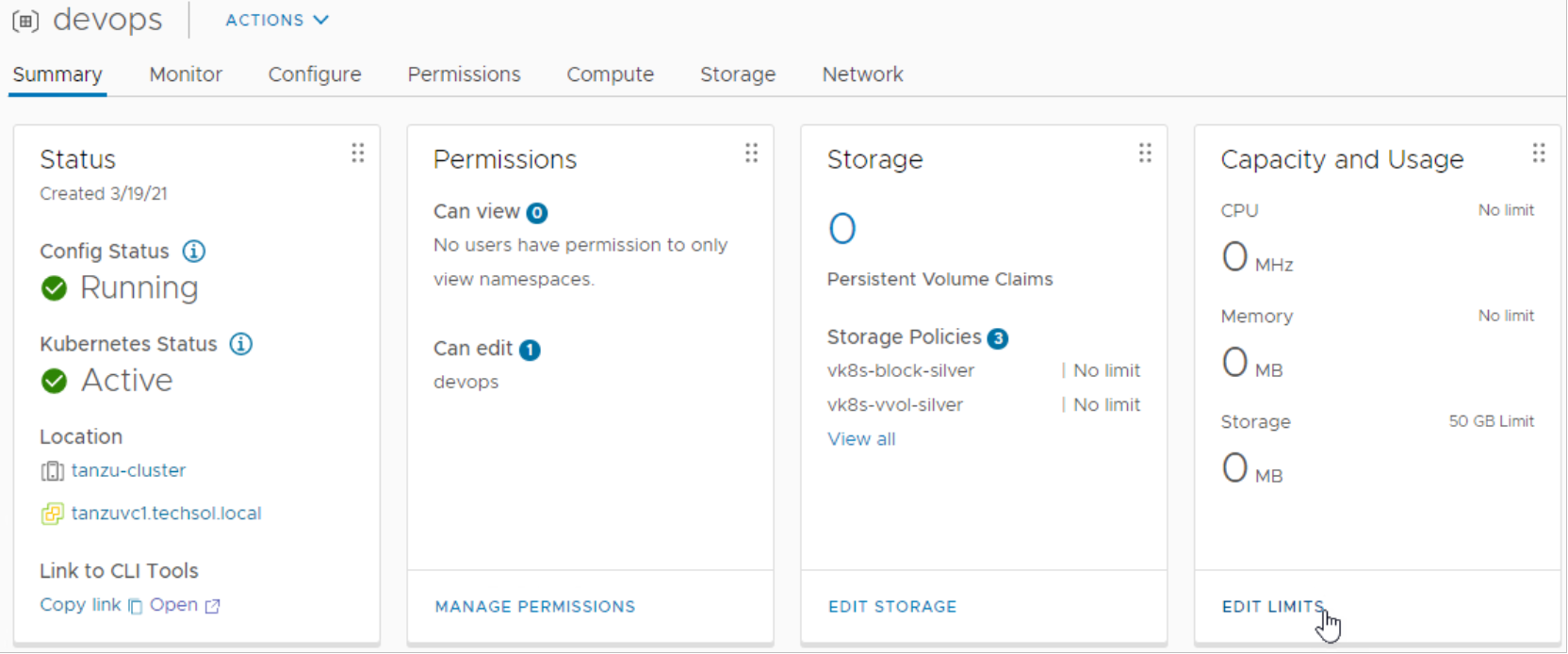 vSphere Client devops namespace editing capacity and usage limits