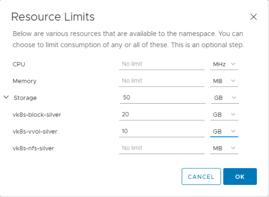 vSphere Client devops namespace editing resource limits for a variety of objects