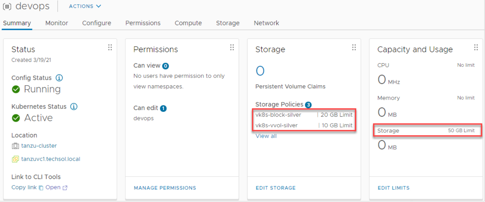 vSphere Client devops namespace showing updated storage, capacity, and usage limits