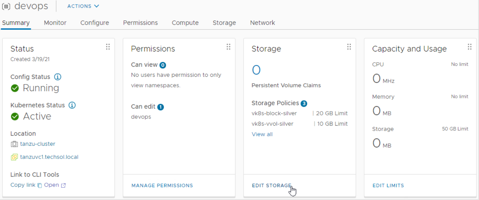 vSphere Client devops namespace removing storage